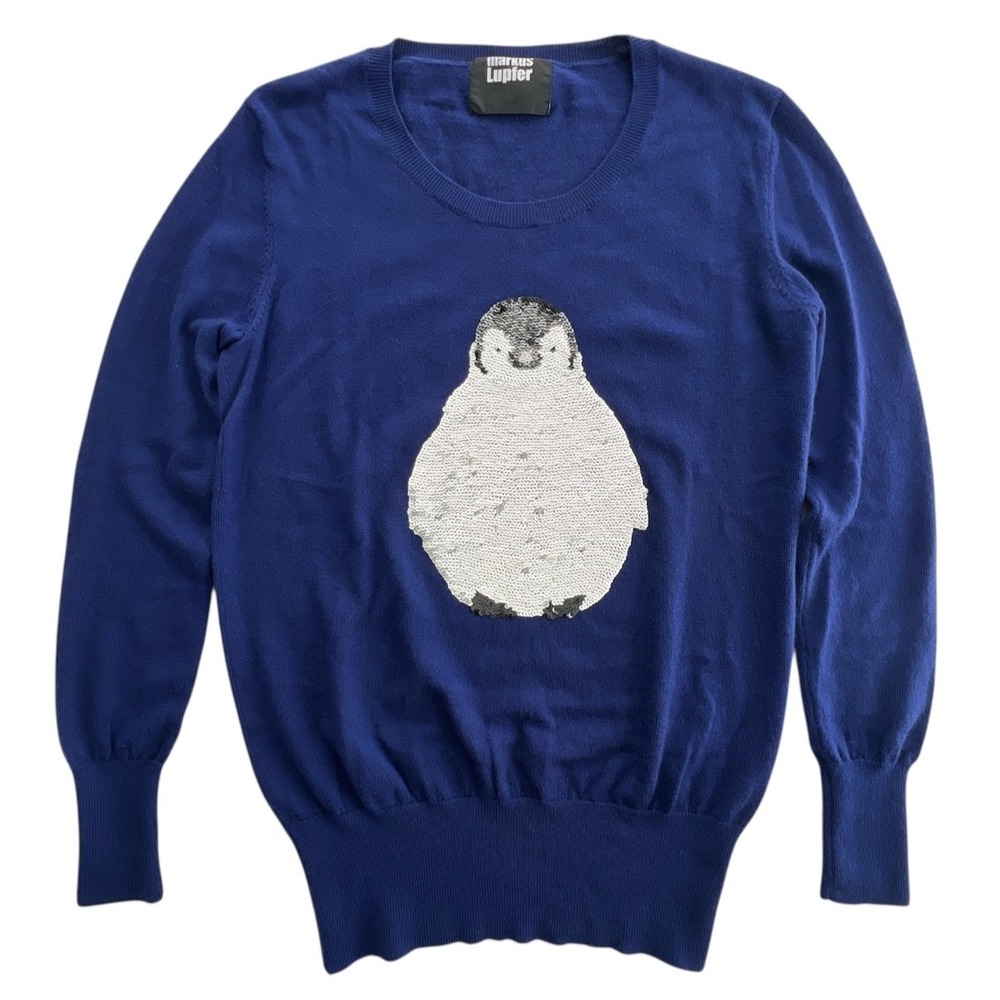 Markus Lupfer Sweater Sequin Penguin Merino Wool Navy Blue Rare Women S Designer